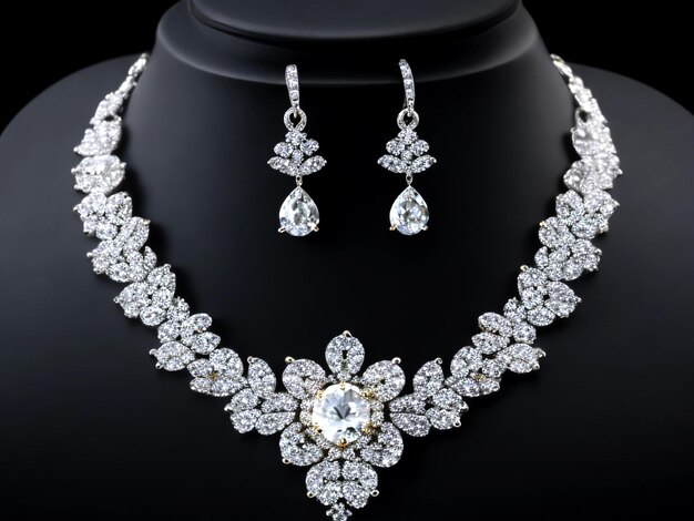 Diamond necklace and matching earrings with floral design on black display stand.